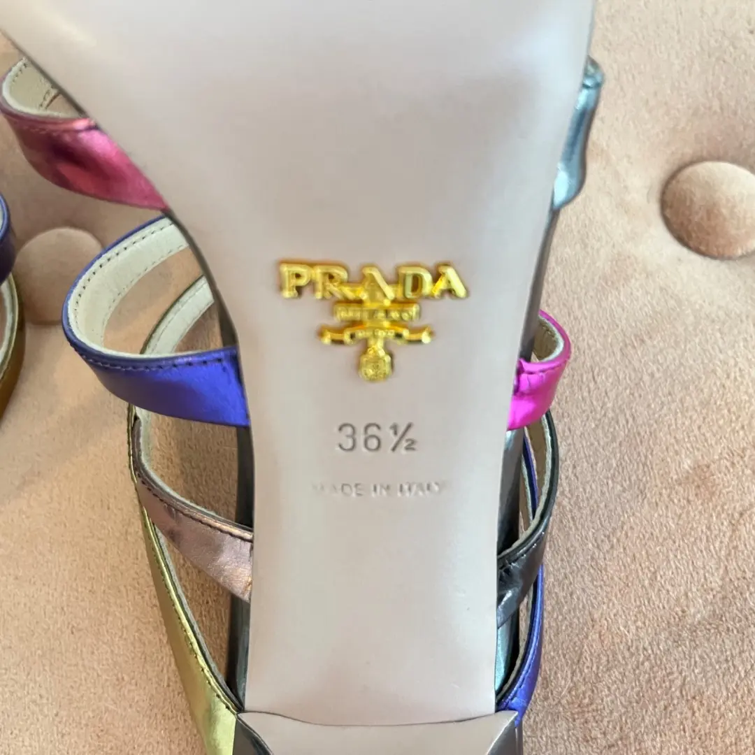 Prada 金属色绑带高跟鞋带盒 36.5 粉色紫色银色金色皮革凉鞋-