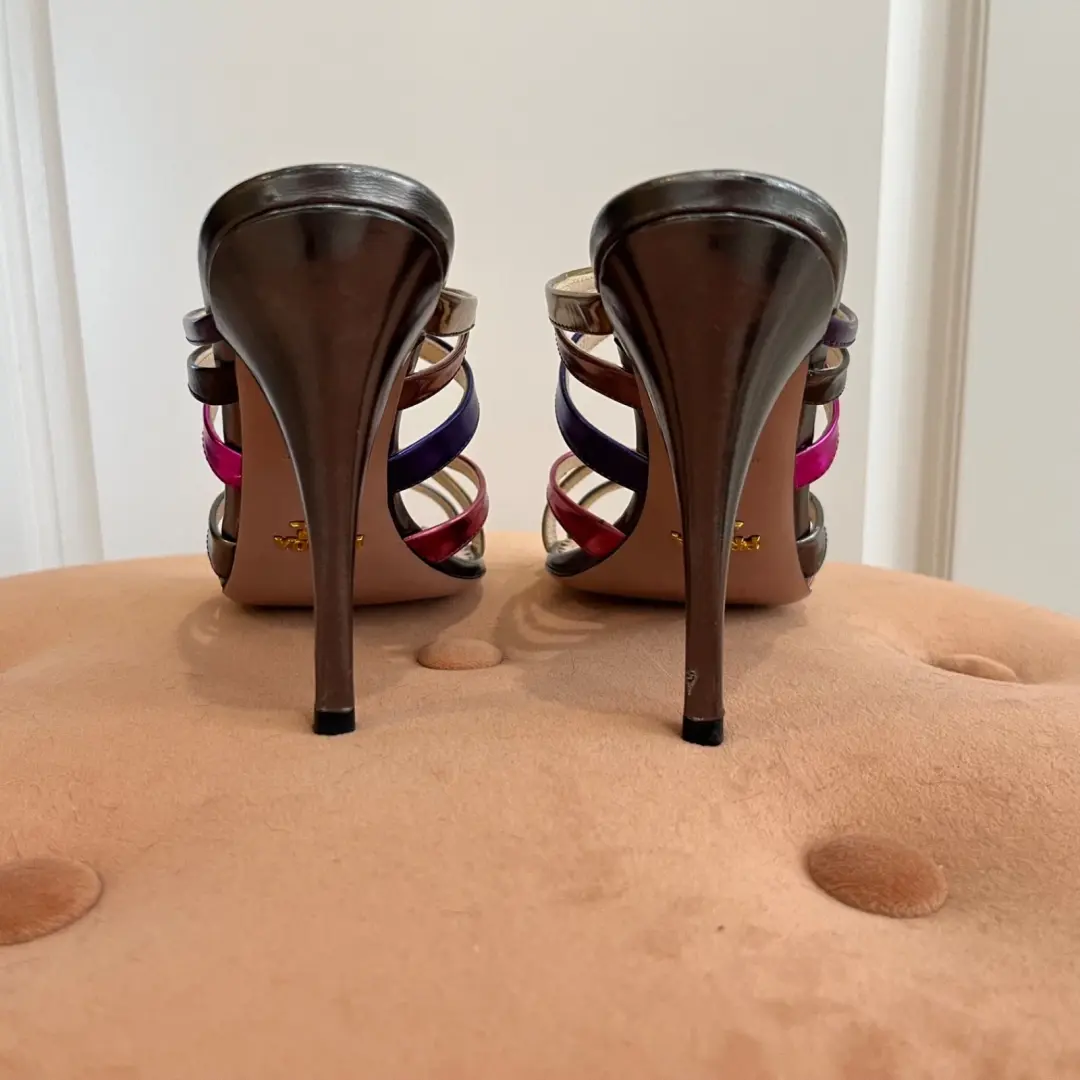 Prada 金属色绑带高跟鞋带盒 36.5 粉色紫色银色金色皮革凉鞋-