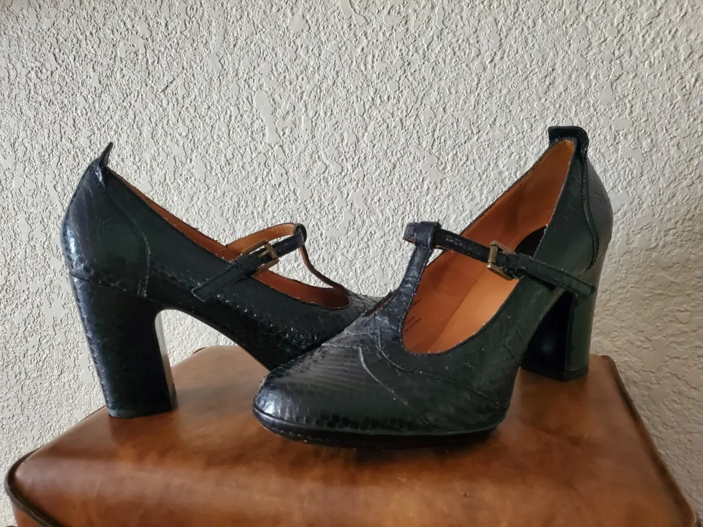 Frye 黑色皮革高跟鞋 Adrienne T 带蛇皮 Mary Jane 泵 8 码-