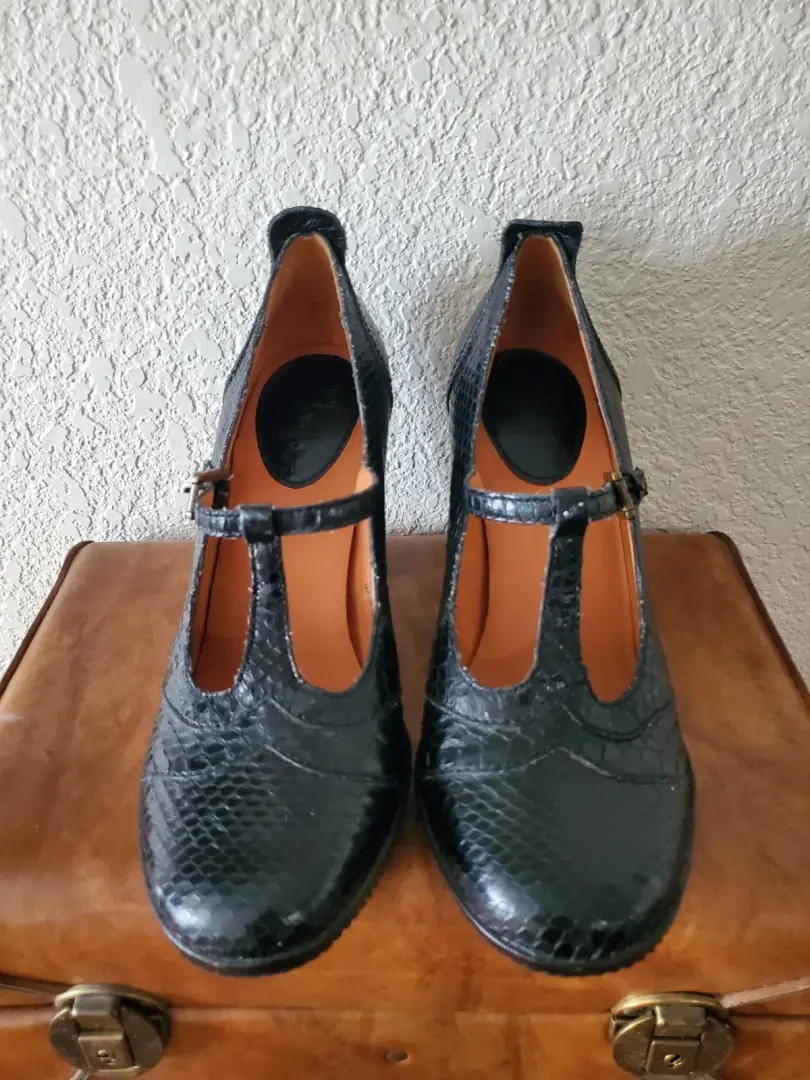 Frye 黑色皮革高跟鞋 Adrienne T 带蛇皮 Mary Jane 泵 8 码-
