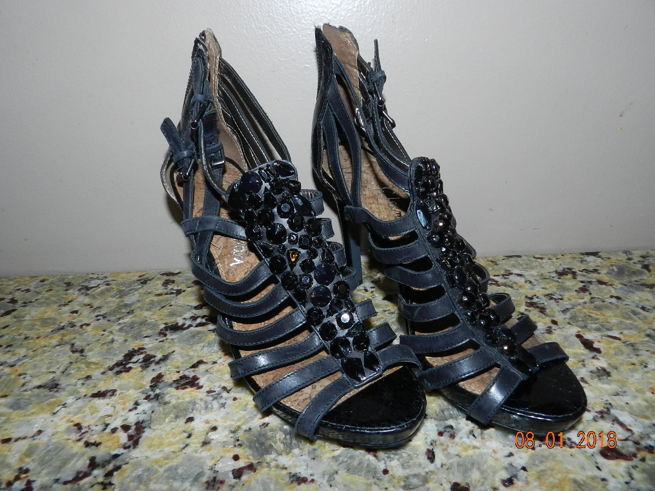 Sam Edelman Quintessa 女式 8M 码黑色绑带高跟鞋凉鞋闪亮-