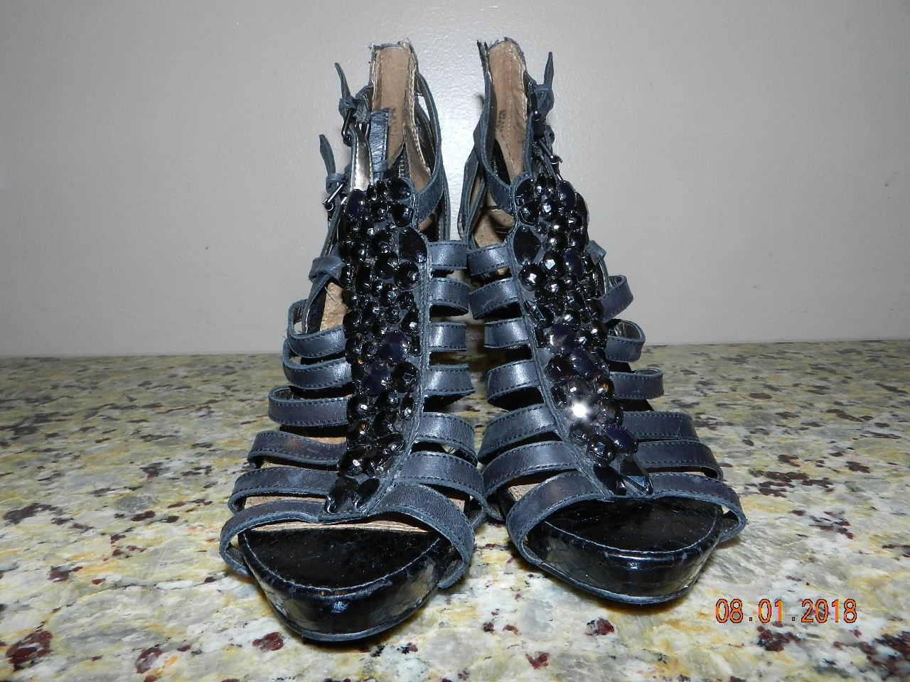 Sam Edelman Quintessa 女式 8M 码黑色绑带高跟鞋凉鞋闪亮-