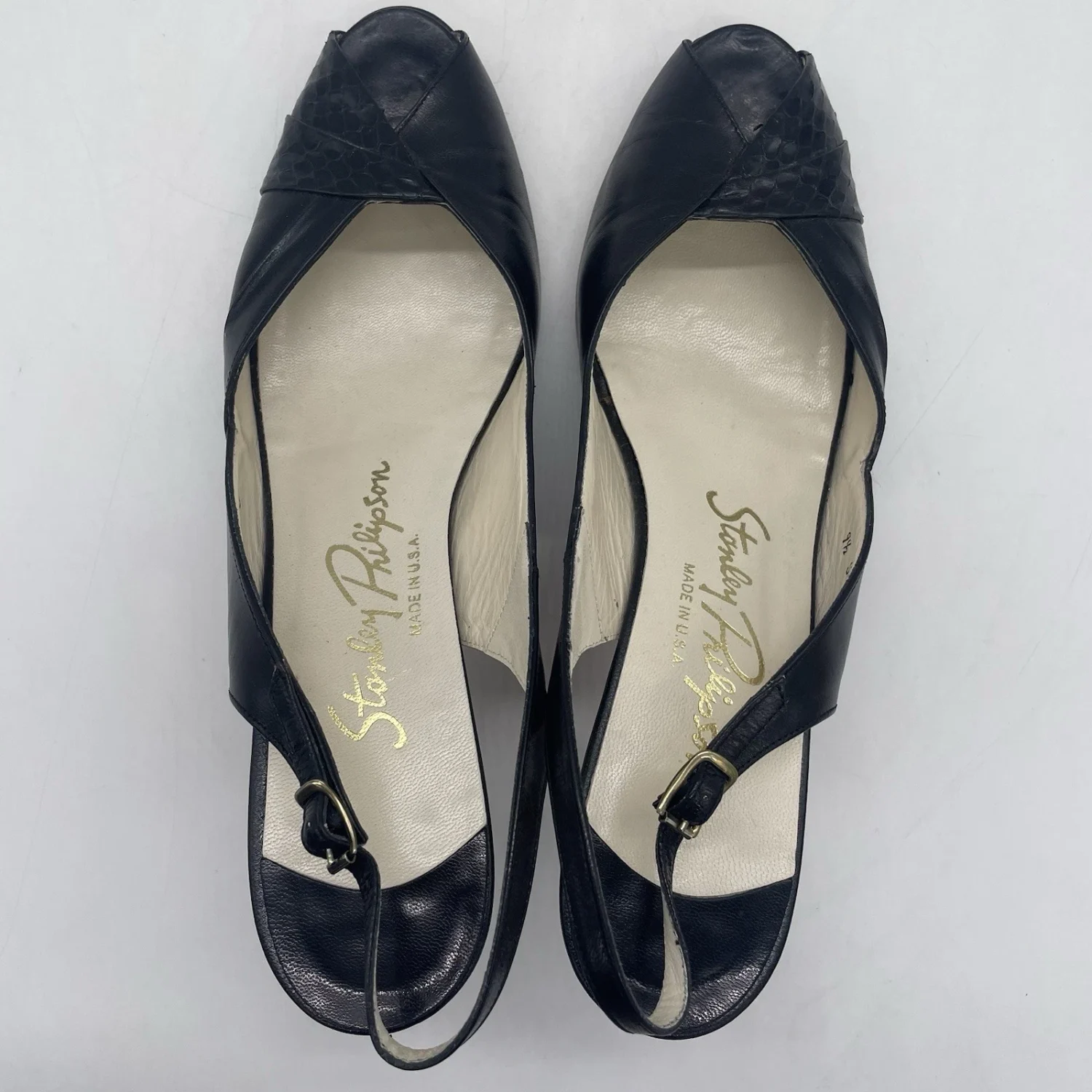 复古 Stanley Phillipson 女式 9.5 SS 高跟鞋黑色皮革露趾美国-