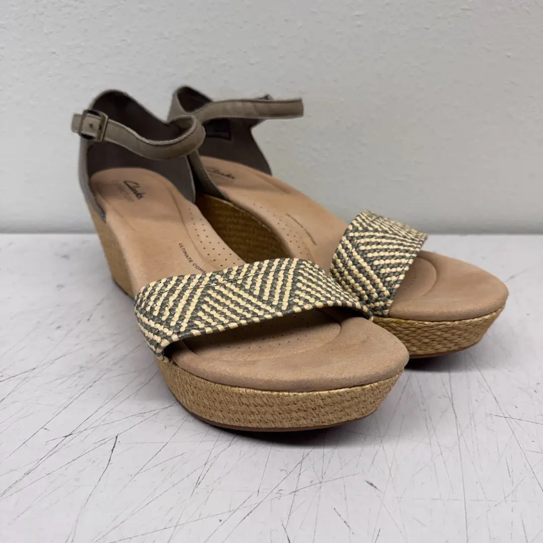 Clarks 坡跟凉鞋 US 12M 天然绑带帆布厚底全新带标签-