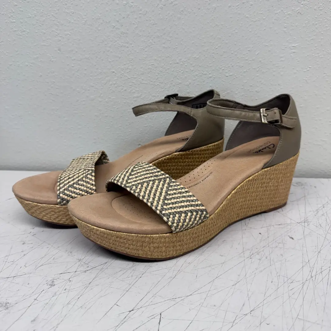 Clarks 坡跟凉鞋 US 12M 天然绑带帆布厚底全新带标签-