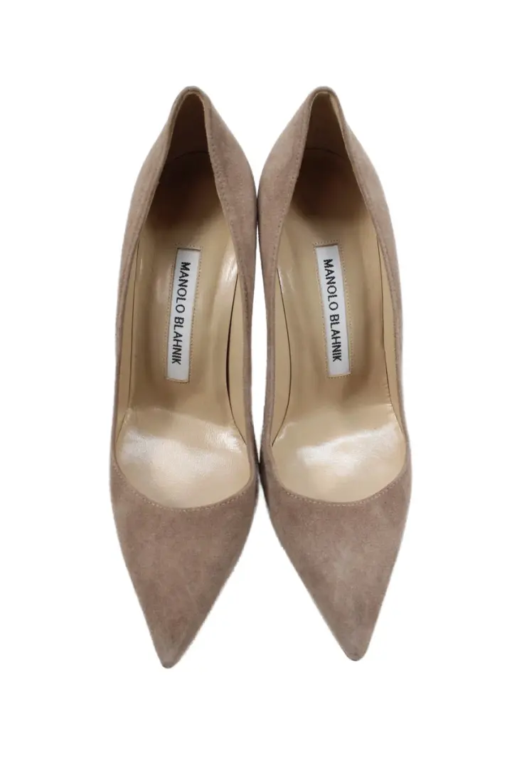 Manolo Blahnik 女式麂皮绒尖头细高跟鞋米色 35.5 码 5.5 码-