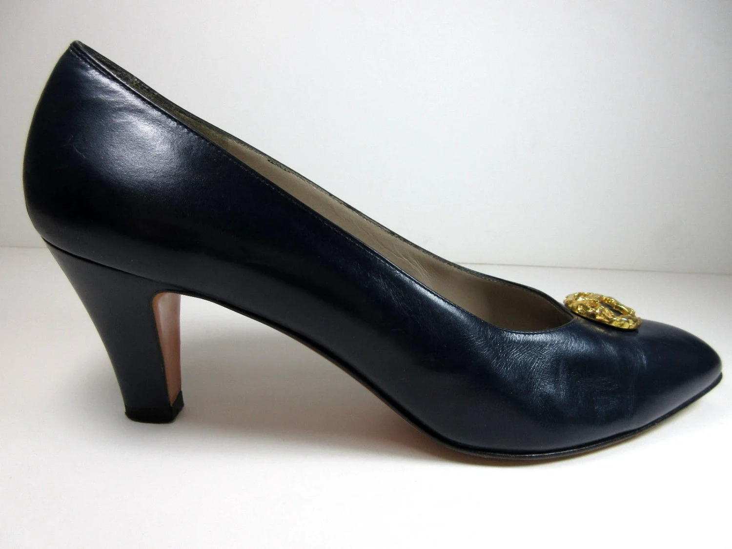 复古 Salvatore Ferragamo 高跟鞋 蓝色 金色 五金女式 8.5 AA 窄-