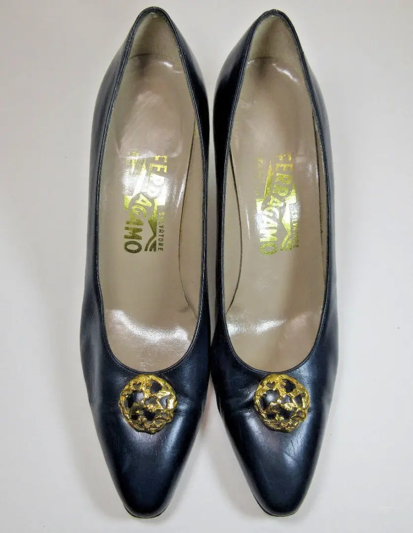 复古 Salvatore Ferragamo 高跟鞋 蓝色 金色 五金女式 8.5 AA 窄-
