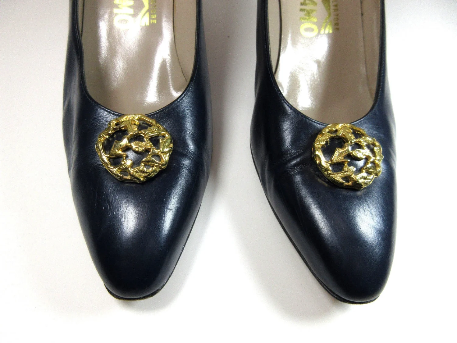 复古 Salvatore Ferragamo 高跟鞋 蓝色 金色 五金女式 8.5 AA 窄-