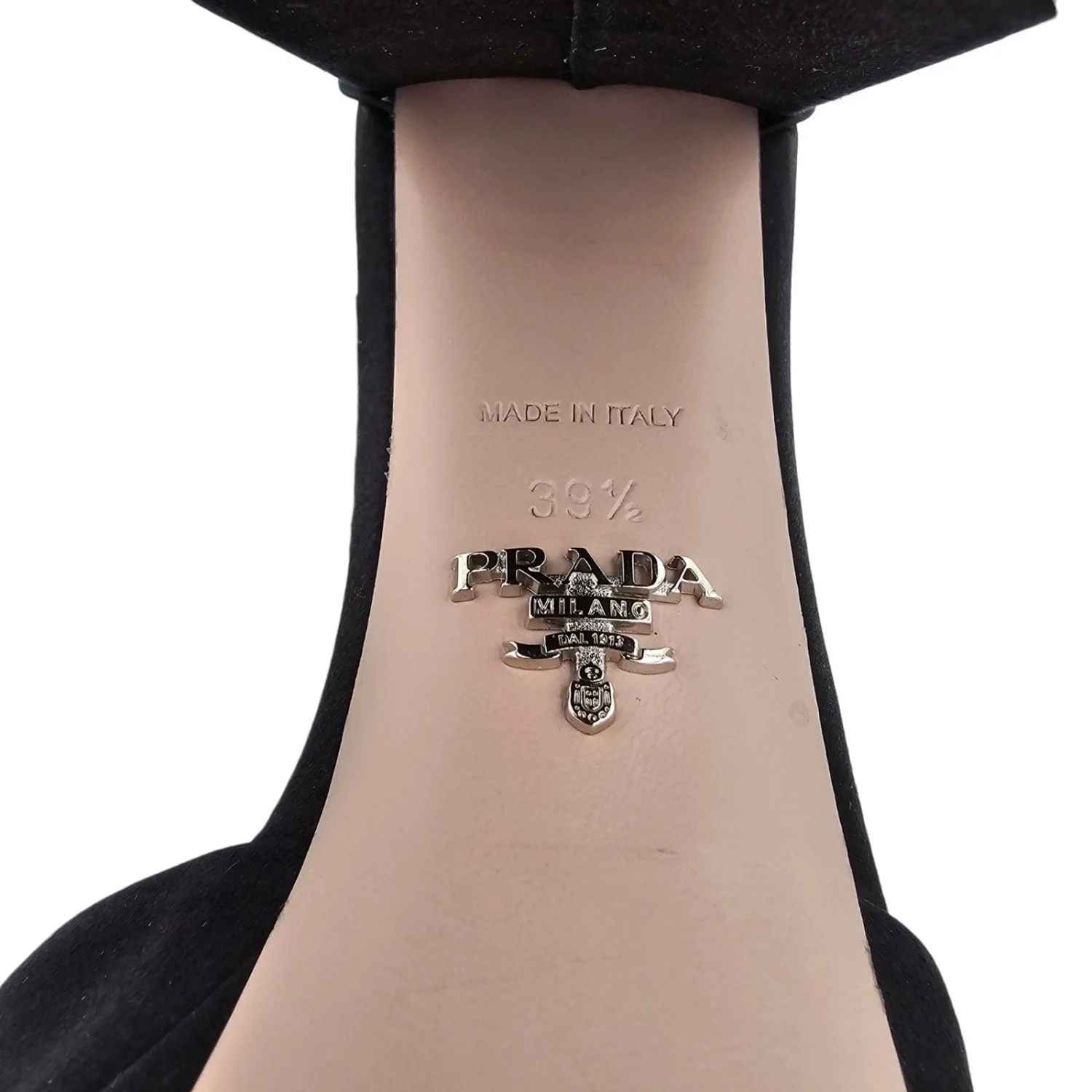 Prada 黑色缎面厚底粗跟高跟鞋标志踝带银色 39.5 9.5 码-