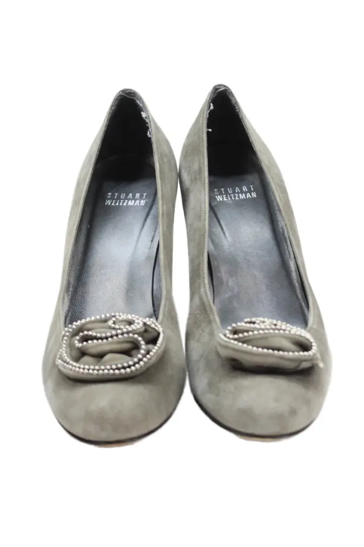 Stuart Weitzman 女式麂皮绒串珠花卉贴花浅口鞋灰色 8.5 中号-