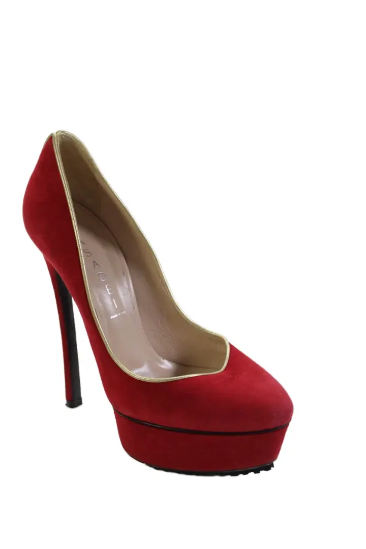 Casadei 女式麂皮绒厚底细高跟鞋红色 6.5 码-