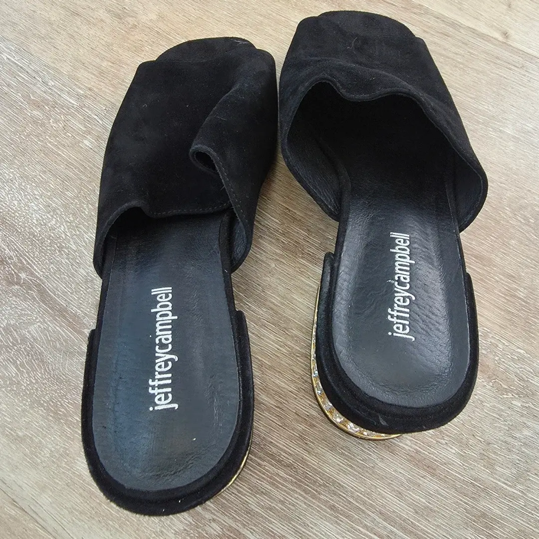 Jeffrey Campbell Teseida 黑色麂皮绒皮革方跟骡子 尺寸 9 水钻宝石-