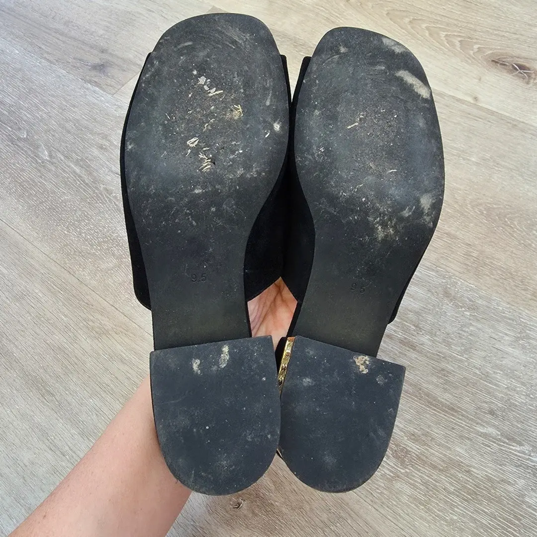 Jeffrey Campbell Teseida 黑色麂皮绒皮革方跟骡子 尺寸 9 水钻宝石-