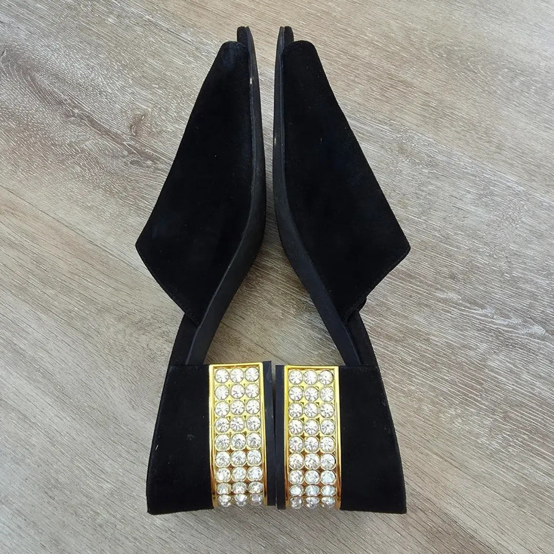 Jeffrey Campbell Teseida 黑色麂皮绒皮革方跟骡子 尺寸 9 水钻宝石-