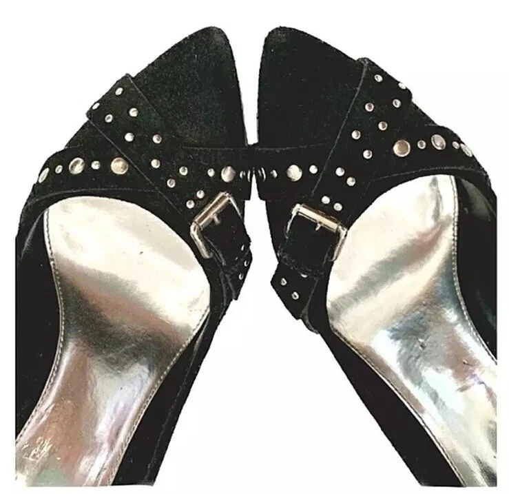 😎🖤BCBG 黑色麂皮绒铆钉泵 4 英寸堆叠鞋跟新品-