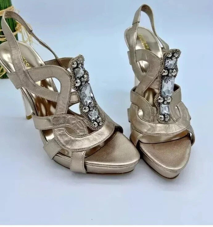 👠😎💛Guess 尺寸 5.5 Marciano 金属金色水钻高跟鞋凉鞋-