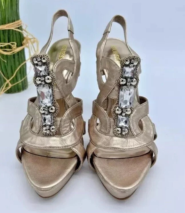 👠😎💛Guess 尺寸 5.5 Marciano 金属金色水钻高跟鞋凉鞋-