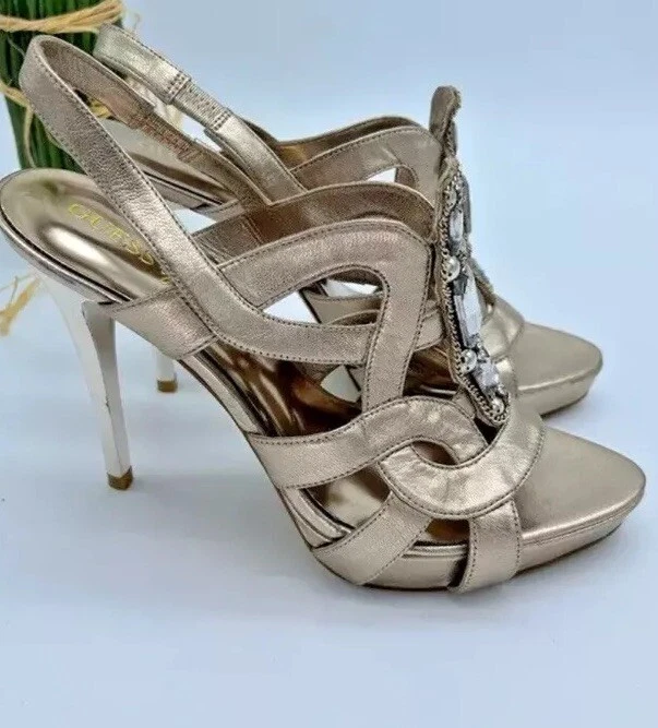 👠😎💛Guess 尺寸 5.5 Marciano 金属金色水钻高跟鞋凉鞋-