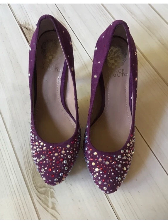 👠😎💜Vince Camuto 紫色麂皮绒串珠 6 码高跟鞋-