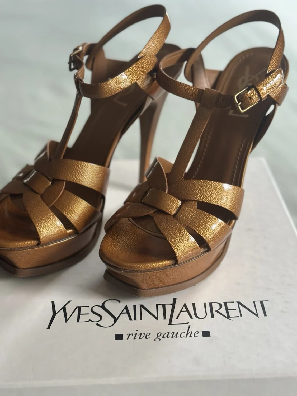 Yves Saint Laurent女式青铜皮革厚底T字带踝带高跟鞋8.5-