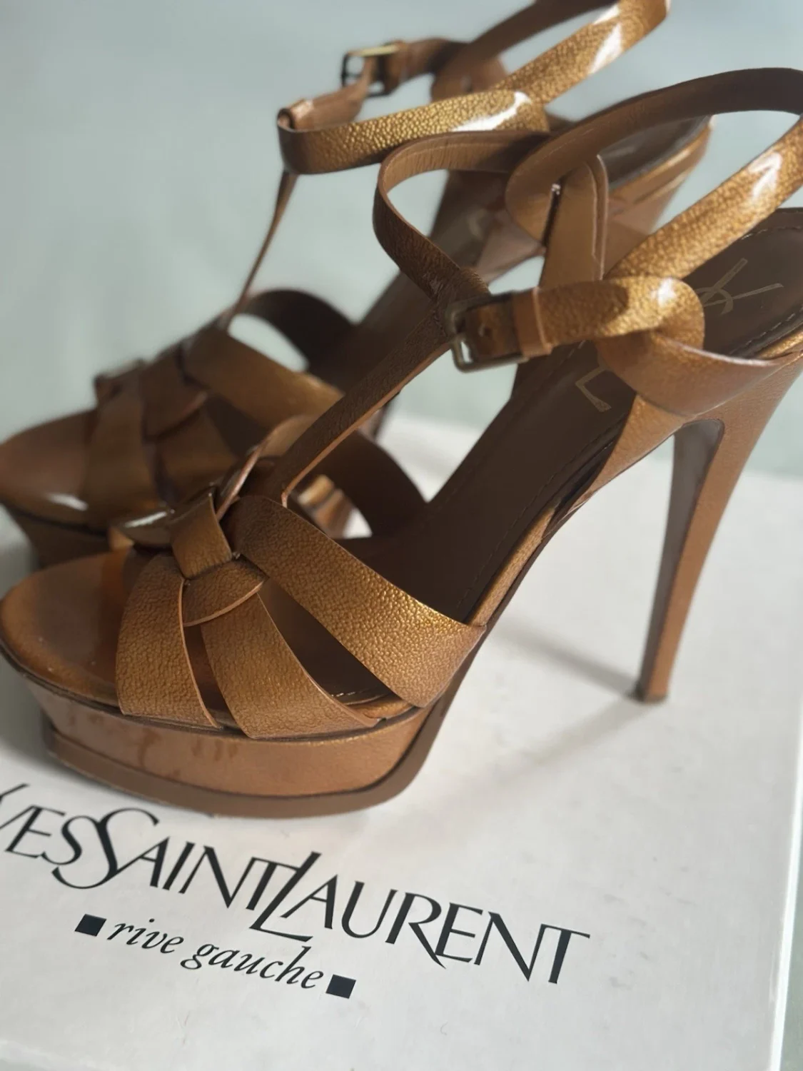 Yves Saint Laurent女式青铜皮革厚底T字带踝带高跟鞋8.5-