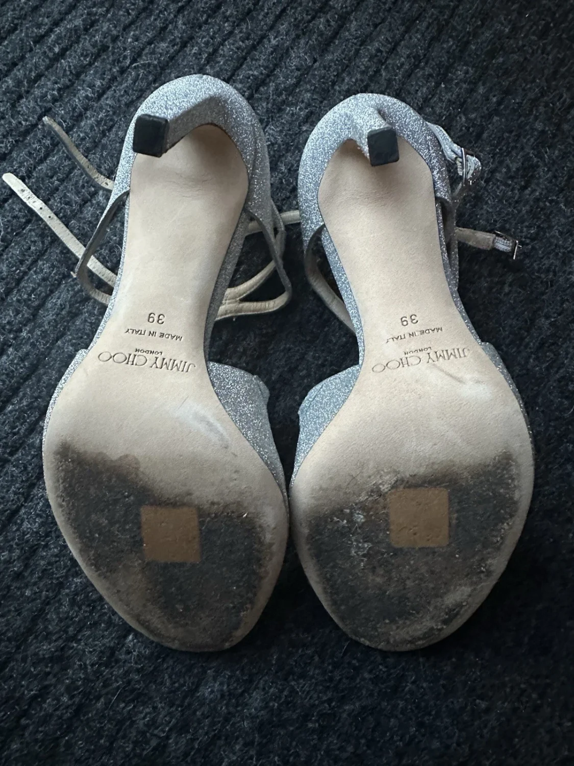 Jimmy Choo 银色闪光皮革绑带踝带露趾高跟鞋 9-