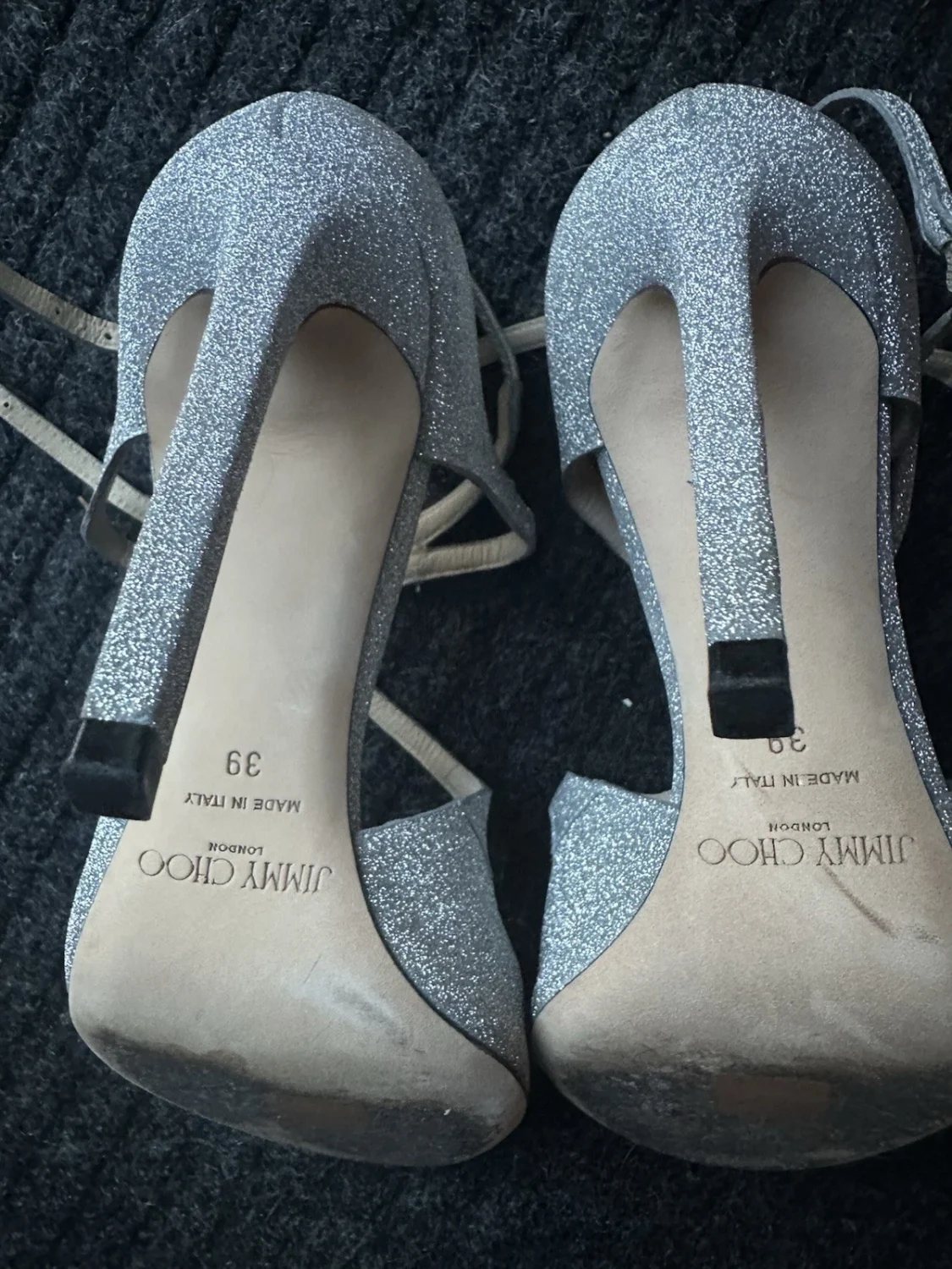 Jimmy Choo 银色闪光皮革绑带踝带露趾高跟鞋 9-