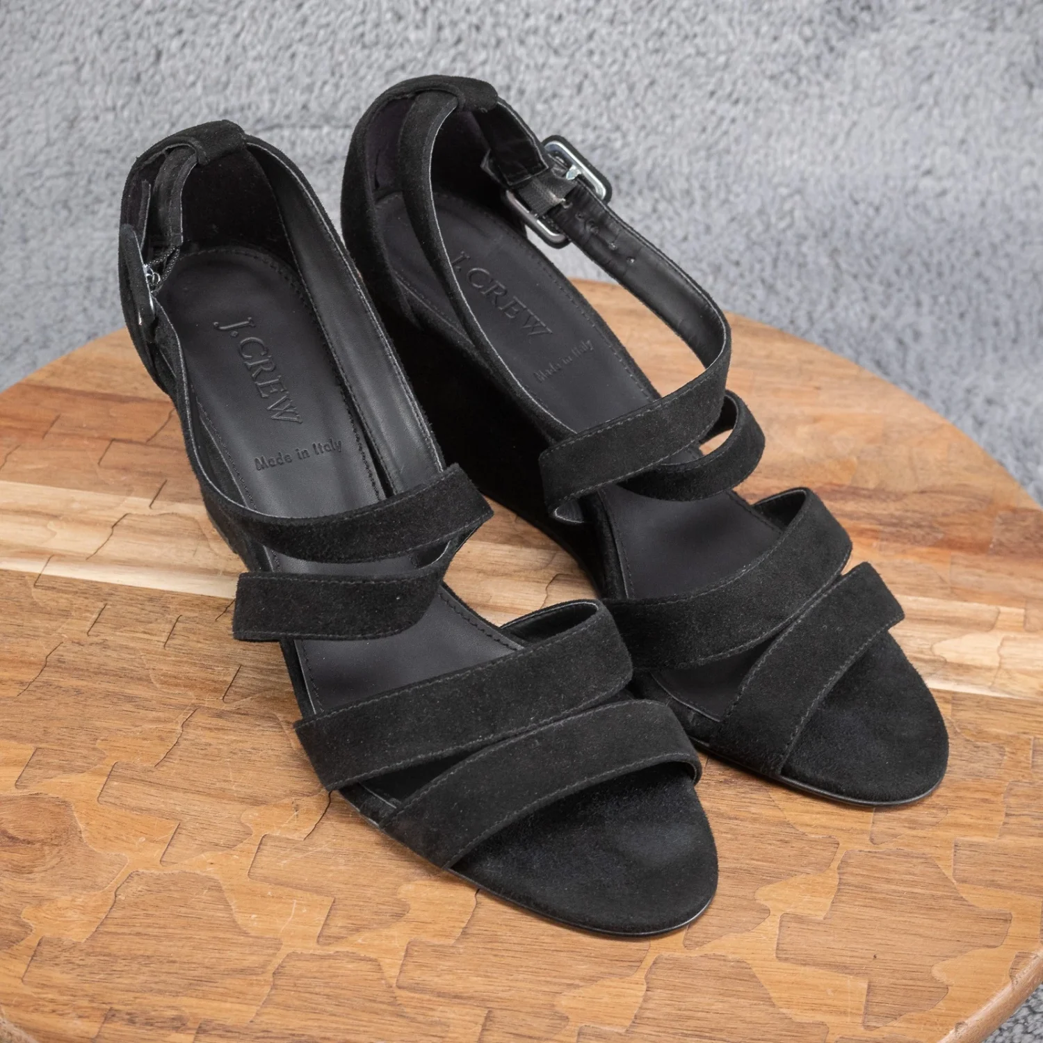 J Crew Watson 坡跟黑色麂皮绒绑带凉鞋 9 码-