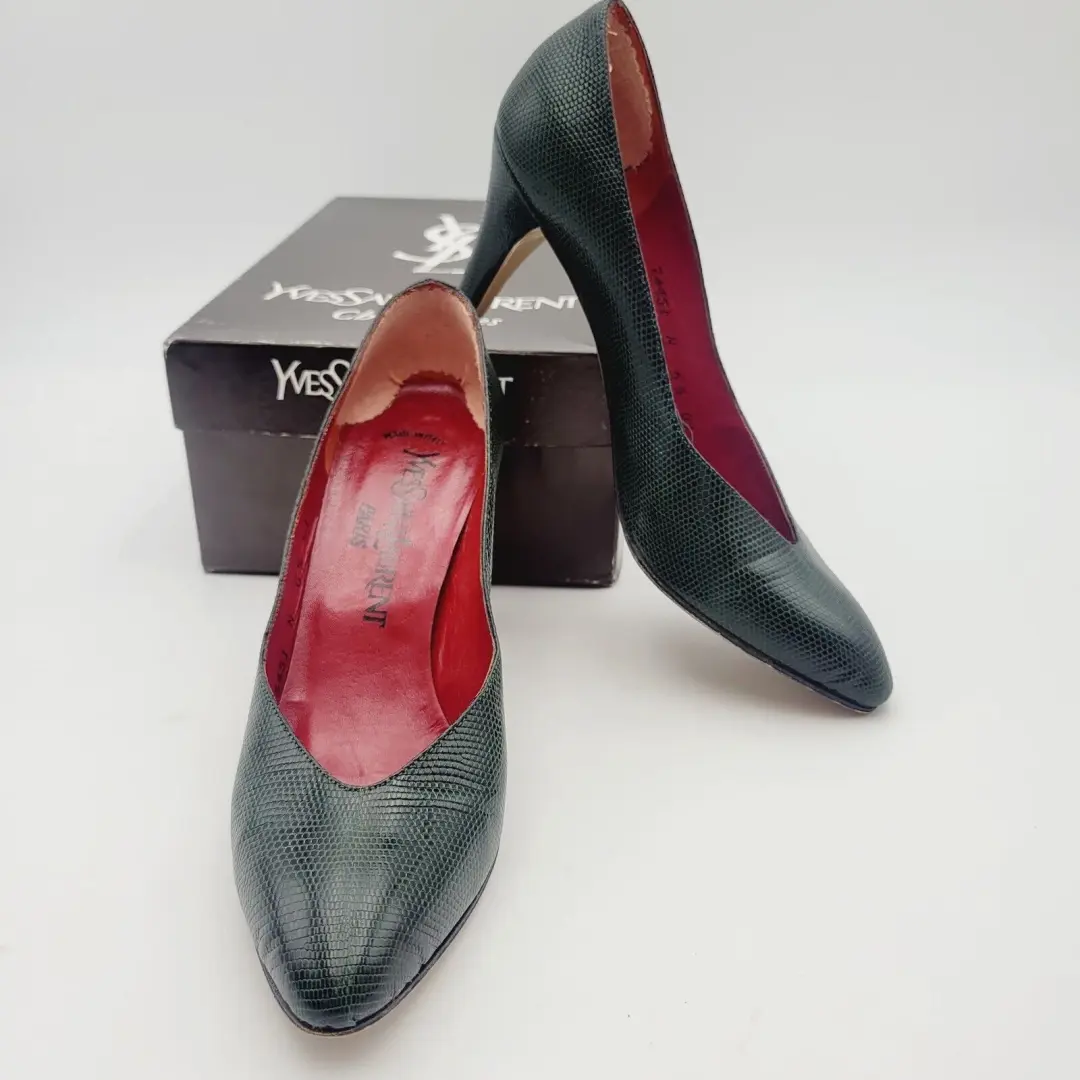 复古 YVES SAINT LAURENT 绿色 Python Triboo 高跟鞋 尺寸 6.5 意大利制造-