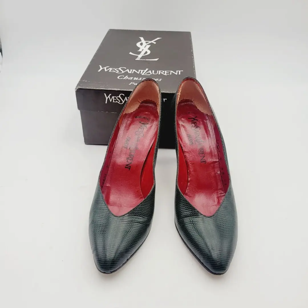 复古 YVES SAINT LAURENT 绿色 Python Triboo 高跟鞋 尺寸 6.5 意大利制造-