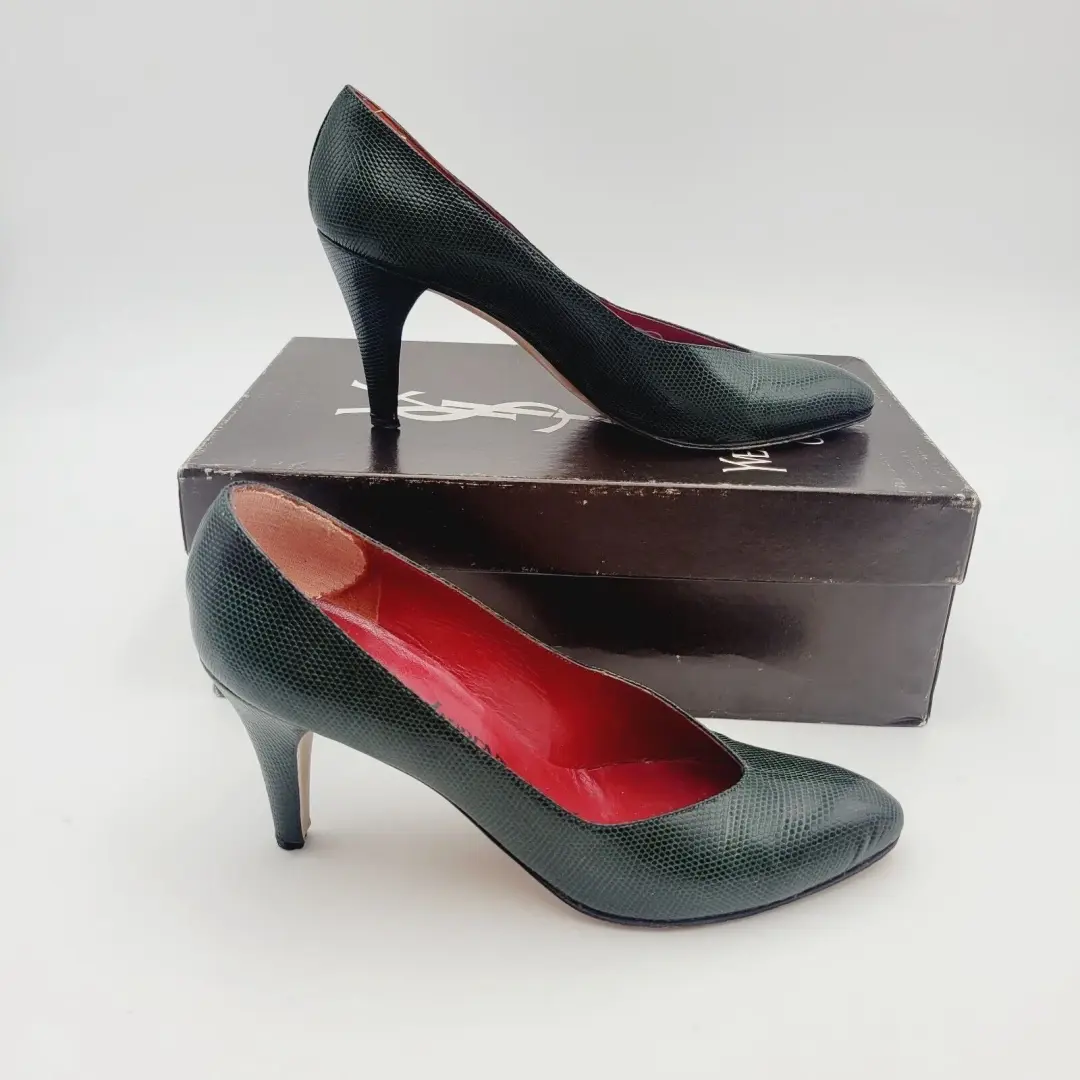 复古 YVES SAINT LAURENT 绿色 Python Triboo 高跟鞋 尺寸 6.5 意大利制造-