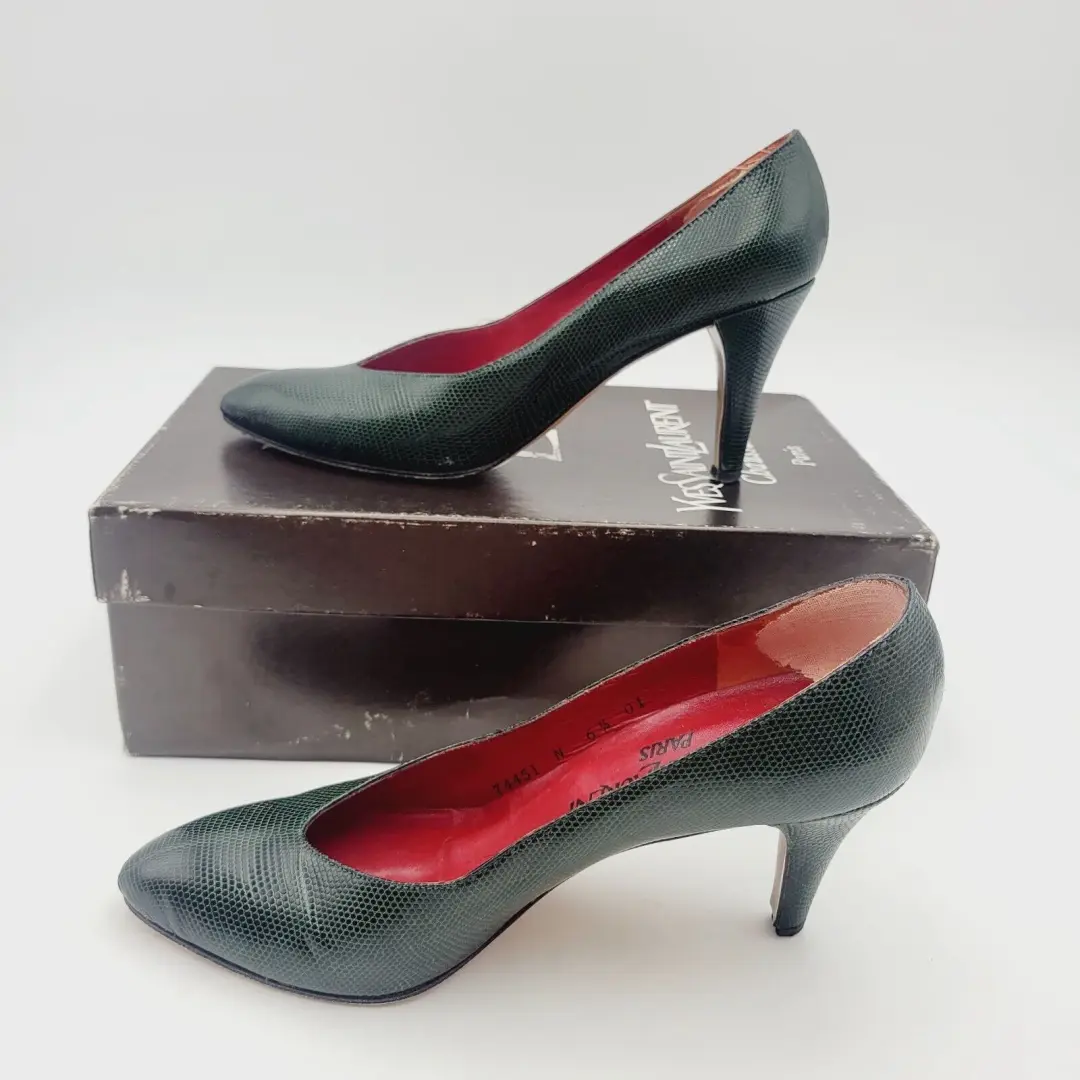 复古 YVES SAINT LAURENT 绿色 Python Triboo 高跟鞋 尺寸 6.5 意大利制造-