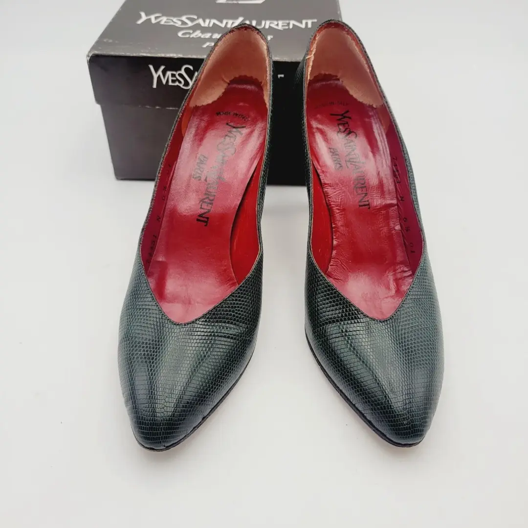 复古 YVES SAINT LAURENT 绿色 Python Triboo 高跟鞋 尺寸 6.5 意大利制造-