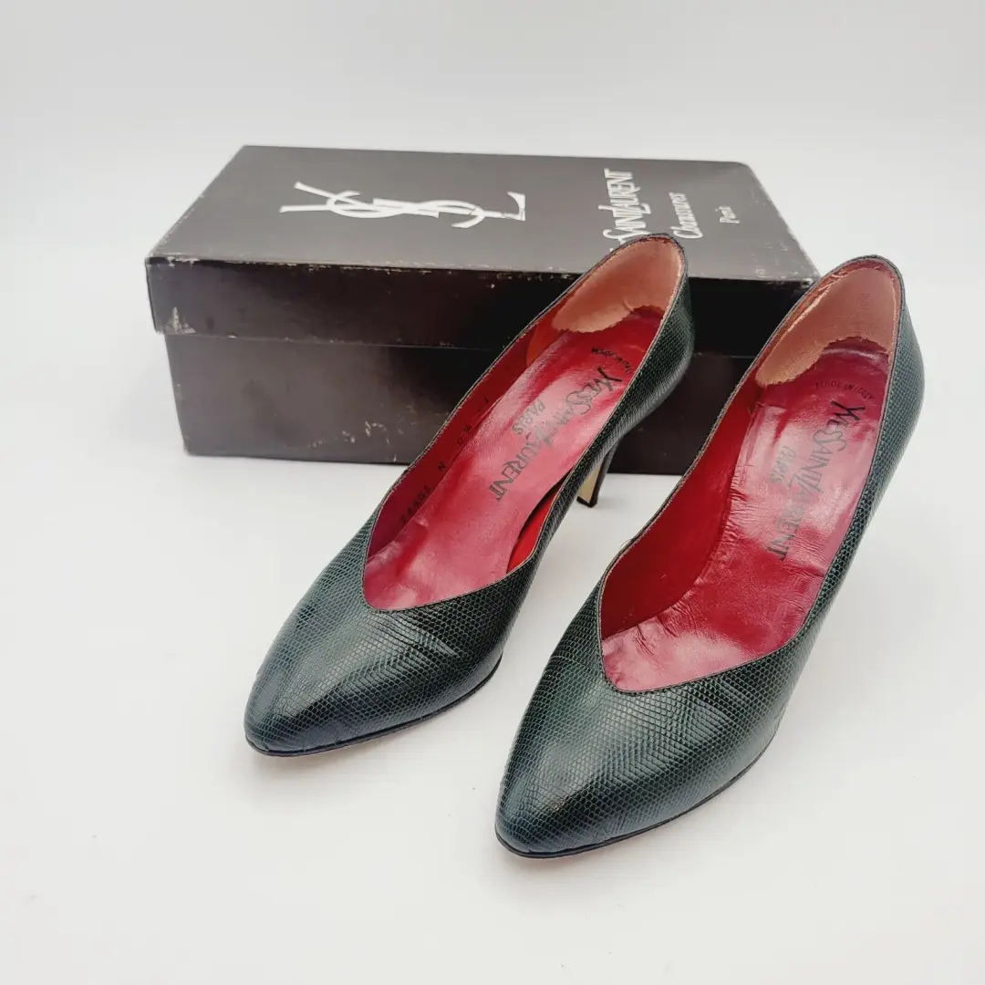 复古 YVES SAINT LAURENT 绿色 Python Triboo 高跟鞋 尺寸 6.5 意大利制造-