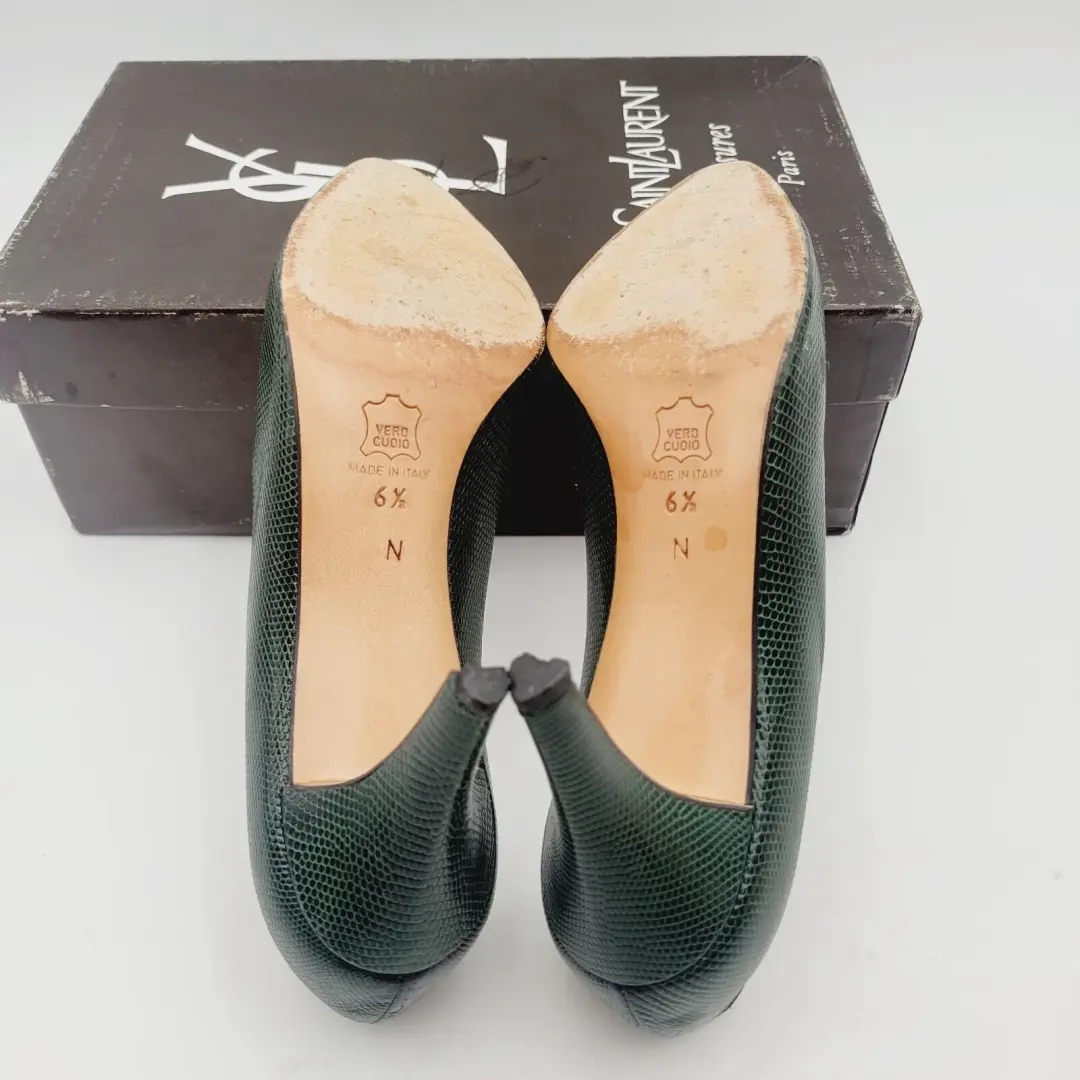 复古 YVES SAINT LAURENT 绿色 Python Triboo 高跟鞋 尺寸 6.5 意大利制造-