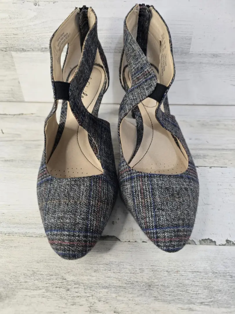 LifeStride Giovanna 2 灰色格子织物绑带高跟鞋女式 9.5 米二手状况完好 -