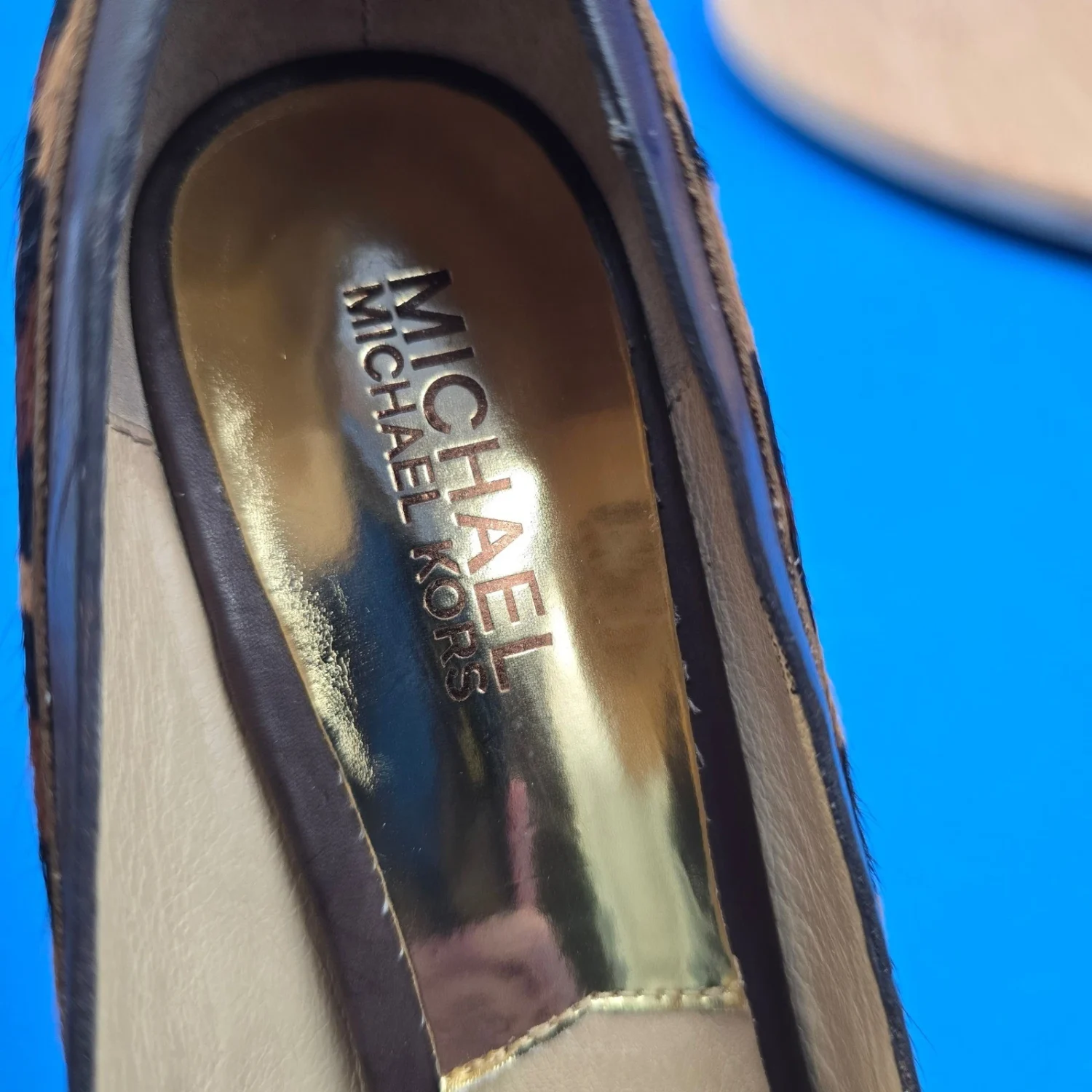 Michael Kors 豹纹小腿毛露趾厚底高跟鞋棕色女式 7.5 米-