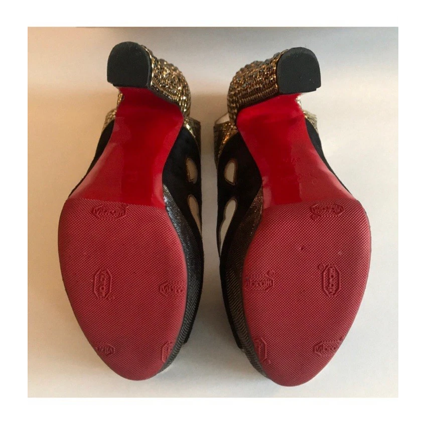 Christian Louboutin 黑色/金色厚底露趾踝带鞋跟 EU 37.5-