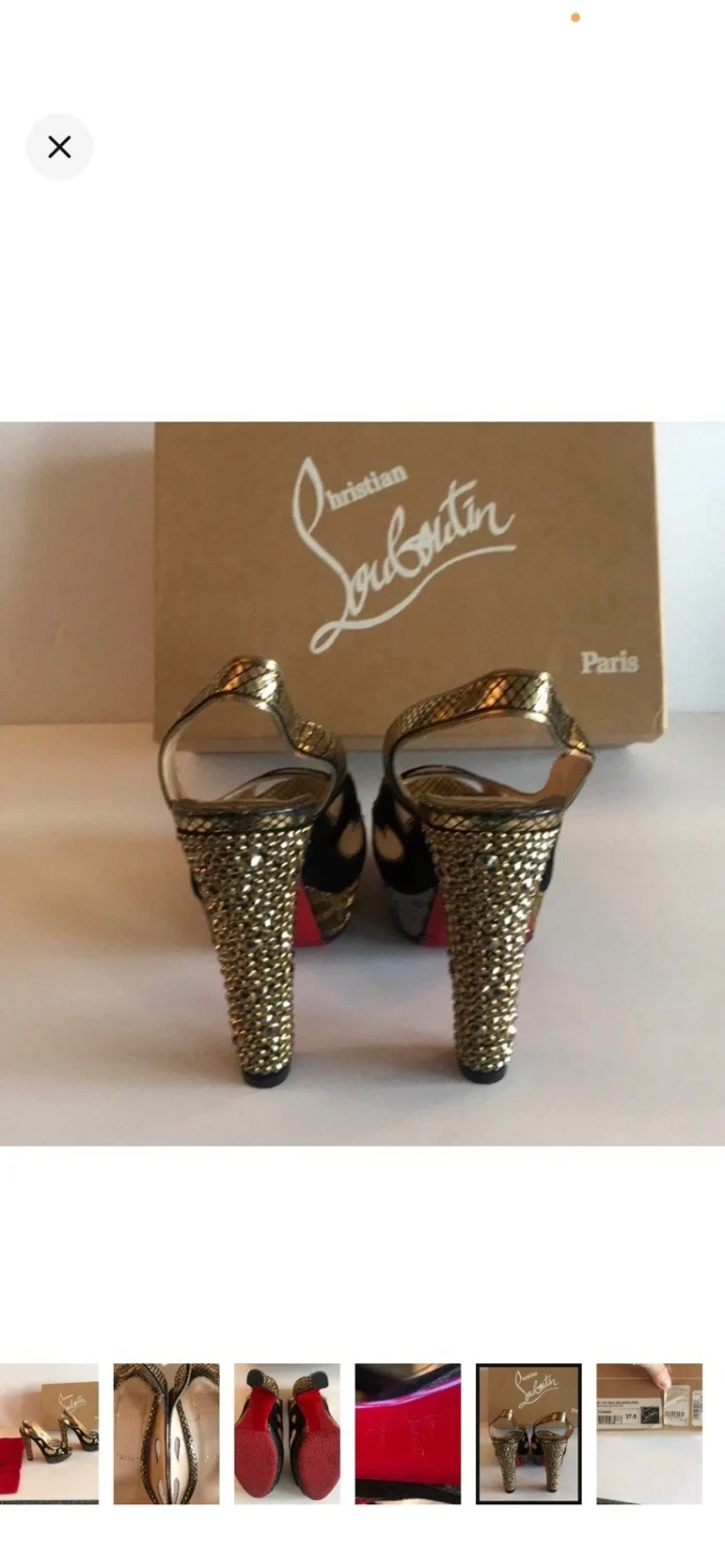 Christian Louboutin 黑色/金色厚底露趾踝带鞋跟 EU 37.5-