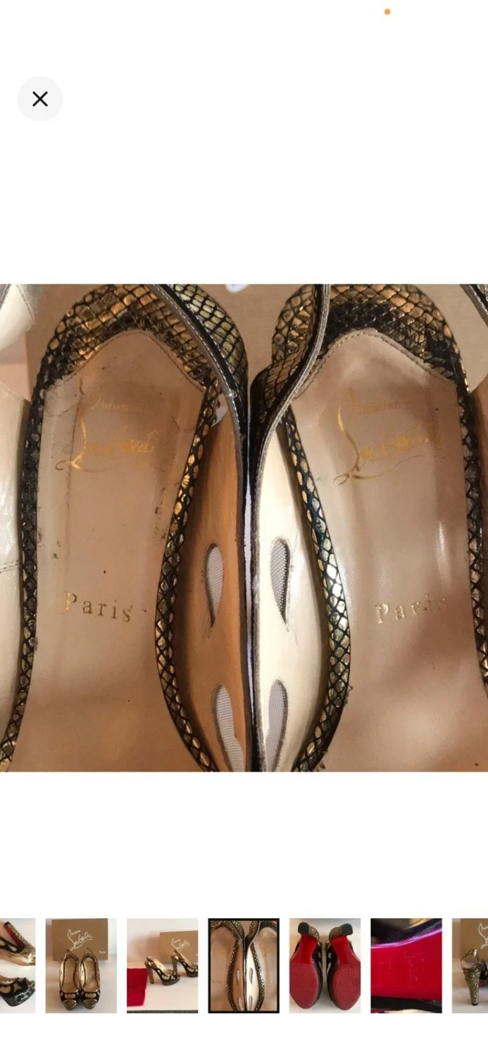 Christian Louboutin 黑色/金色厚底露趾踝带鞋跟 EU 37.5-