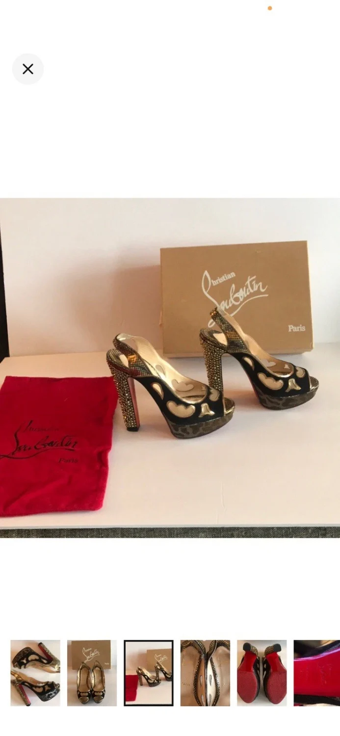 Christian Louboutin 黑色/金色厚底露趾踝带鞋跟 EU 37.5-