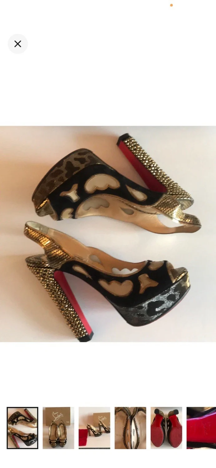 Christian Louboutin 黑色/金色厚底露趾踝带鞋跟 EU 37.5-