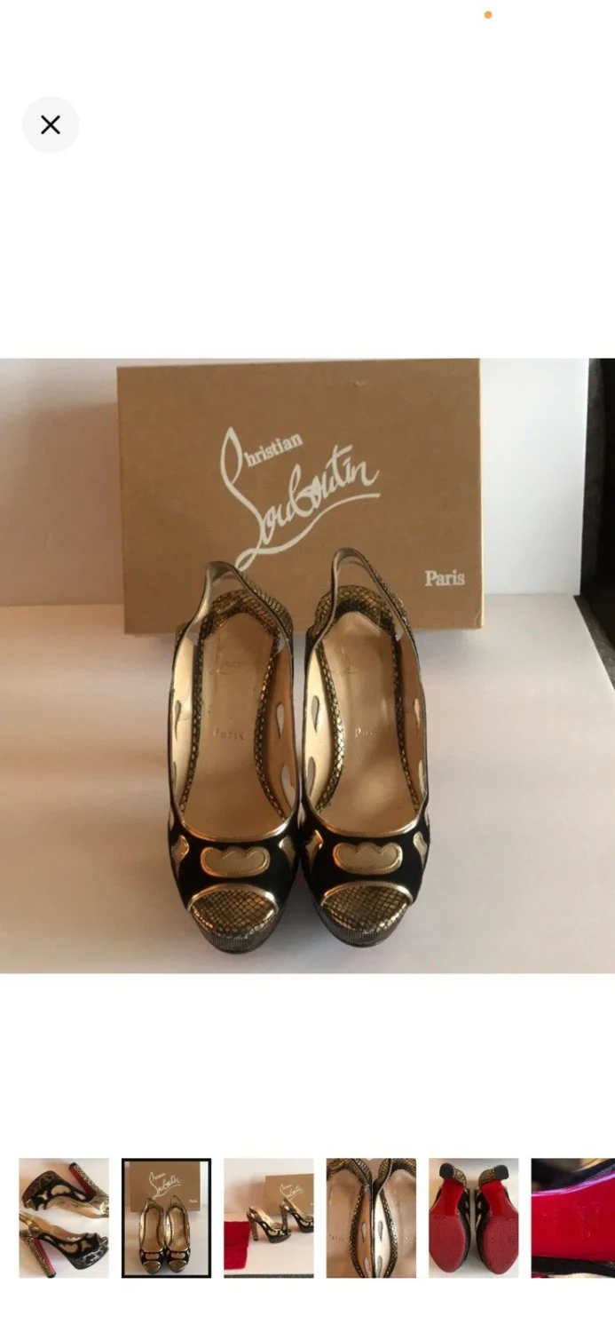 Christian Louboutin 黑色/金色厚底露趾踝带鞋跟 EU 37.5-