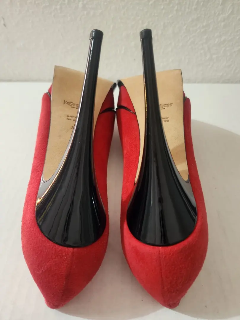 Yves Saint Laurent 致敬女鞋红色麂皮绒露趾厚底高跟鞋 US 9-