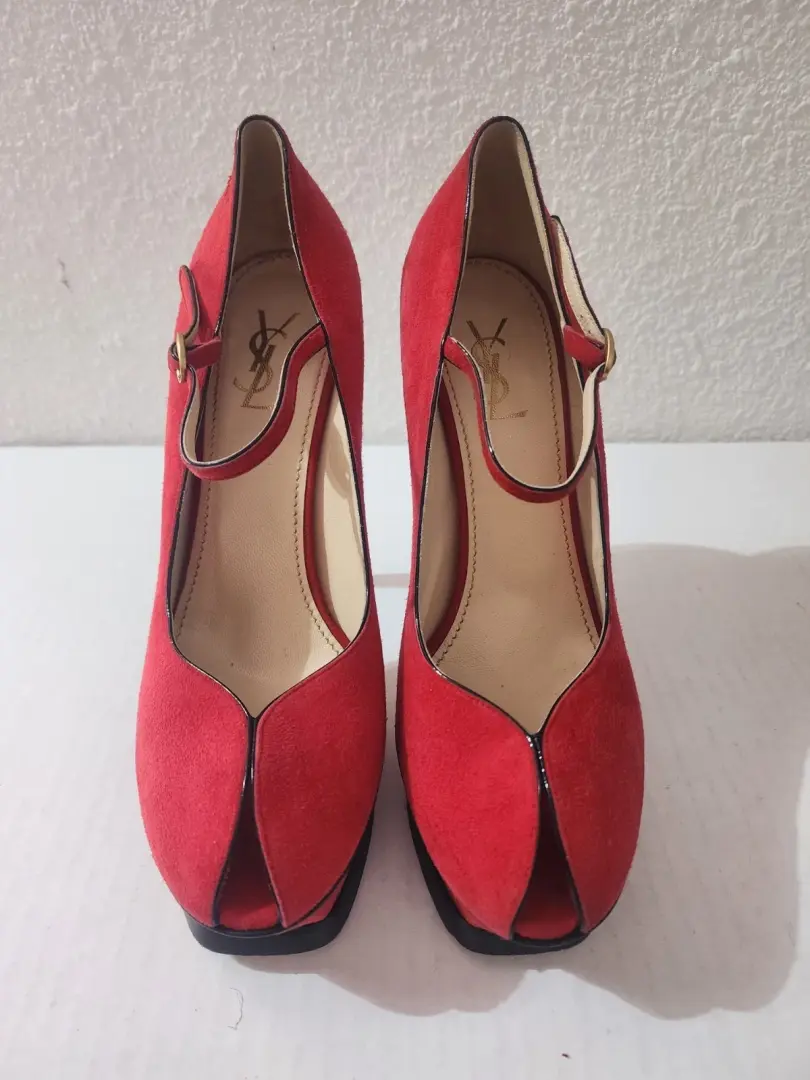 Yves Saint Laurent 致敬女鞋红色麂皮绒露趾厚底高跟鞋 US 9-