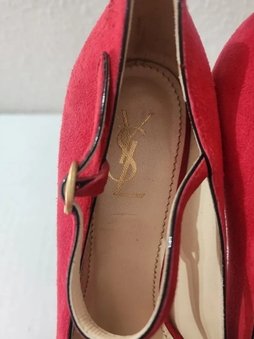 Yves Saint Laurent 致敬女鞋红色麂皮绒露趾厚底高跟鞋 US 9-