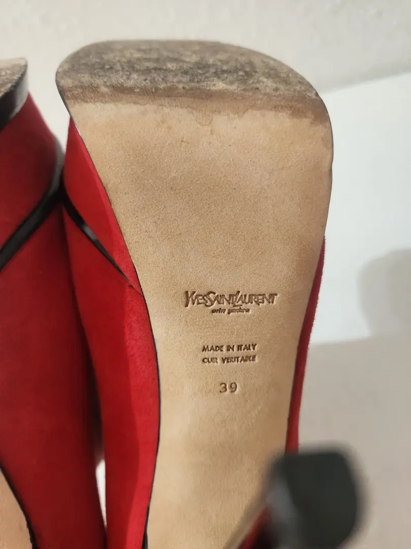 Yves Saint Laurent 致敬女鞋红色麂皮绒露趾厚底高跟鞋 US 9-