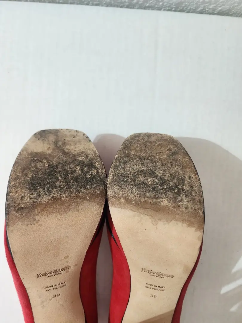 Yves Saint Laurent 致敬女鞋红色麂皮绒露趾厚底高跟鞋 US 9-