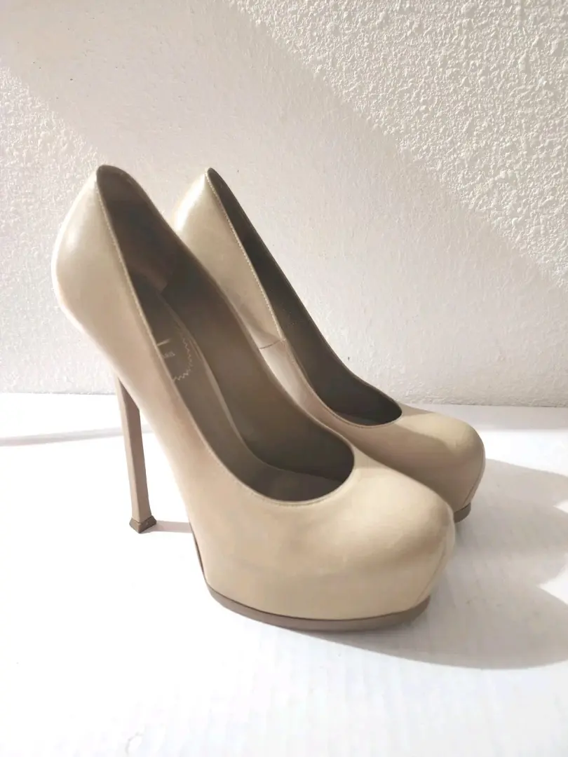 Yves Saint Laurent Tribto 女式裸米色皮革厚底高跟鞋 EU 39.5-